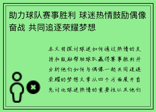 助力球队赛事胜利 球迷热情鼓励偶像奋战 共同追逐荣耀梦想