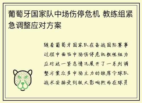 葡萄牙国家队中场伤停危机 教练组紧急调整应对方案