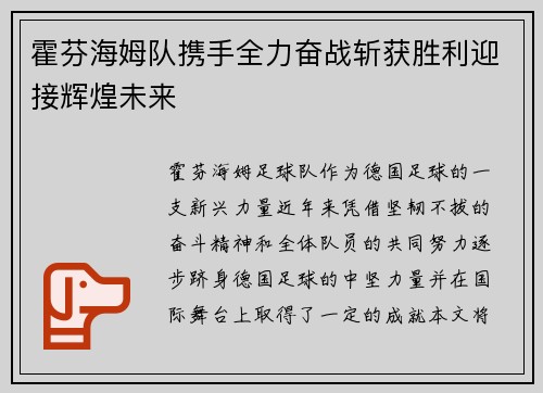 霍芬海姆队携手全力奋战斩获胜利迎接辉煌未来