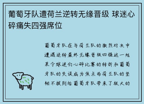 葡萄牙队遭荷兰逆转无缘晋级 球迷心碎痛失四强席位